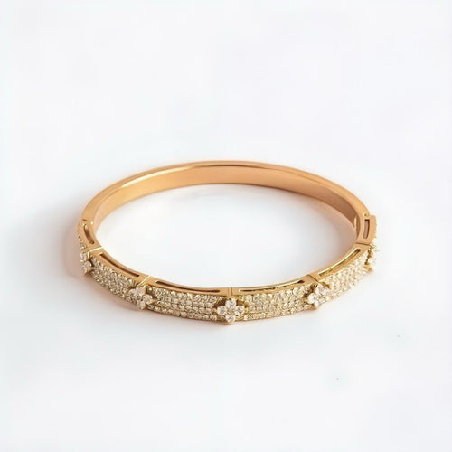 Gold Cubic Zirconia Clover Flower Bangle Bracelet