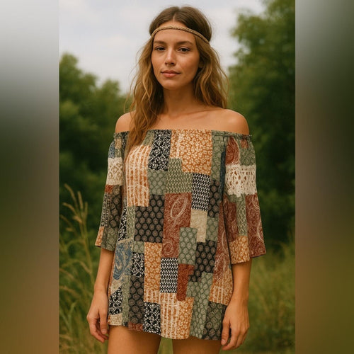 Audrey 3+1 Boho Patchwork Off-Shoulder Tunic Dress – Size Medium