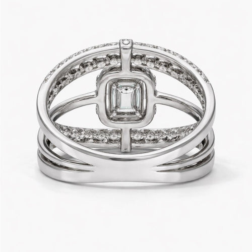 18K White Gold Baguette and Round Diamond Wide Three Row Ring Sz 6