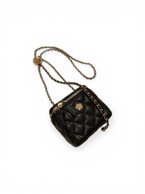 Black Leather Quilted Mini Vanity Crossbody Bag Gold Chain