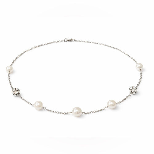 Pearl & Crystal Accent Silver Chain Necklace 18” Minimalist