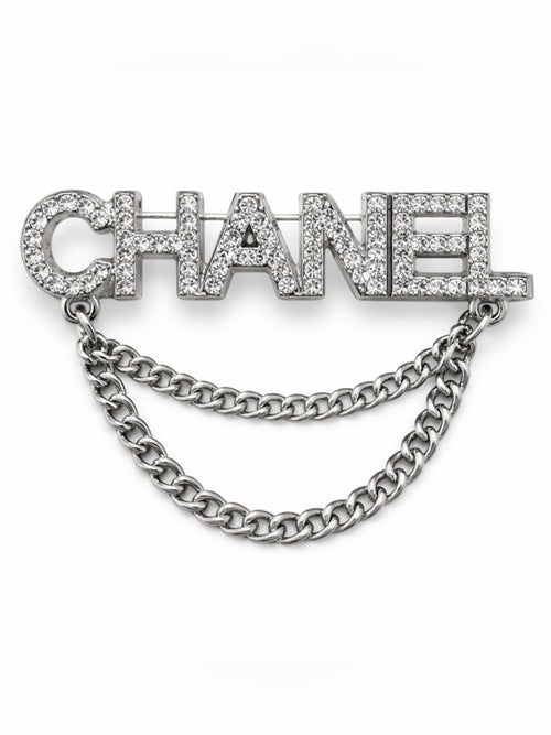 CHANEL Silver Crystal Logo Double Chain Brooch