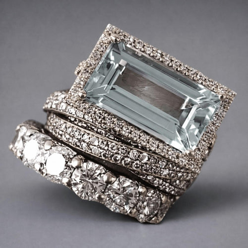 Aquamarine and Diamond 3 Ring Statement Stacked Ring Set - Women Jewelry Size 8