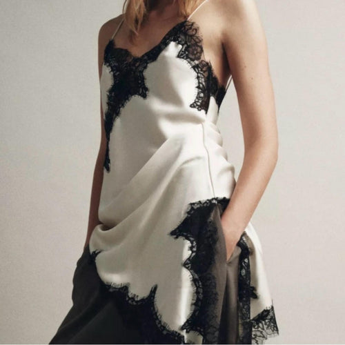 Cami NYC Silk Camisole Sleeveless Dress Top Ivory Asymmetrical Hem Black Lace
