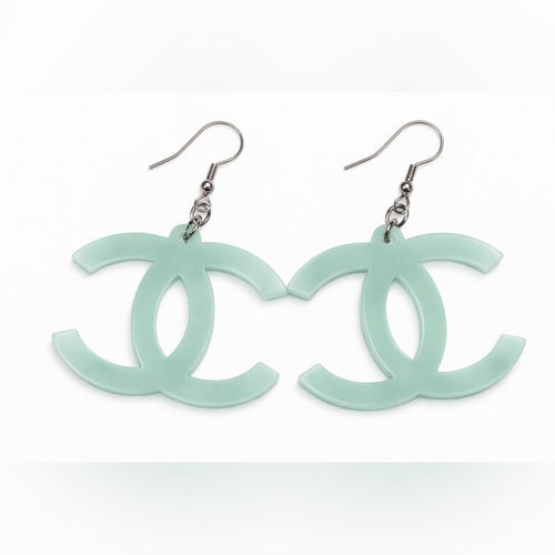 Chanel CC Mint Green Rhinestone Double C Logo Acrylic Drop Earrings NEW