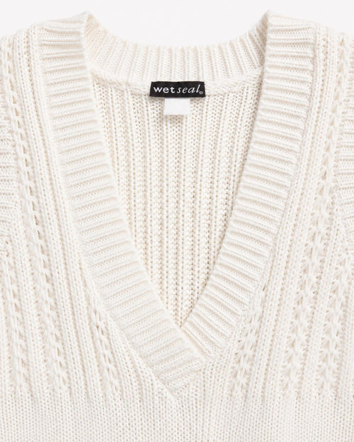 White Sleeveless Knit Tunic Top Deep V-Neck Women’s Small