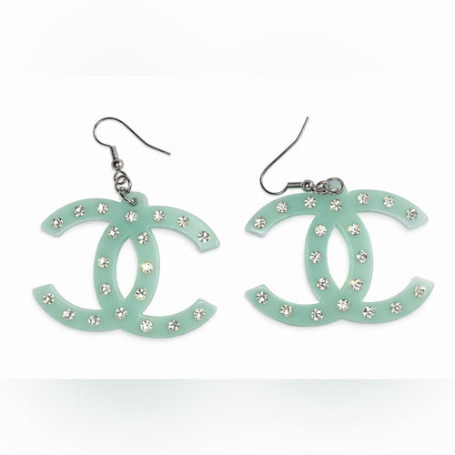 Chanel CC Mint Green Rhinestone Double C Logo Acrylic Drop Earrings NEW