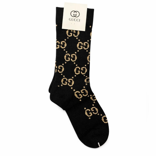Gucci GG Logo Socks Black Gold Crew Socks NWT Authentic