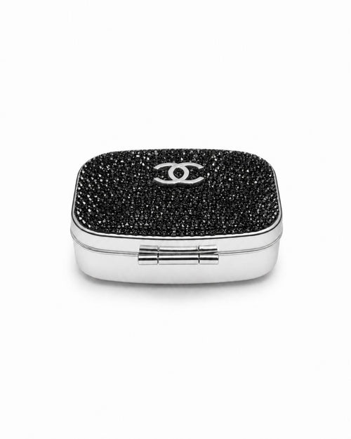 Chanel Black Crystal CC Travel Pill Case Silver Compact with Box