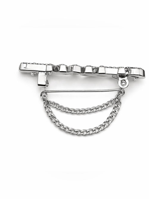 CHANEL Silver Crystal Double Chain Brooch