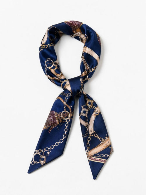 Navy Equestrian Print Skinny Silk Scarf Hair Neck Bag Accent