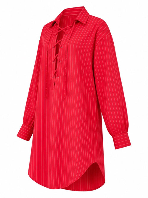 Red Pinstripe Lace-Up Oversized Shirt Dress Size XS