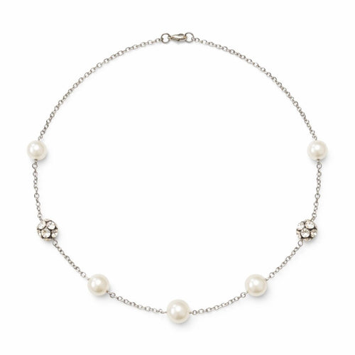 Pearl & Crystal Accent Silver Chain Necklace 18” Minimalist