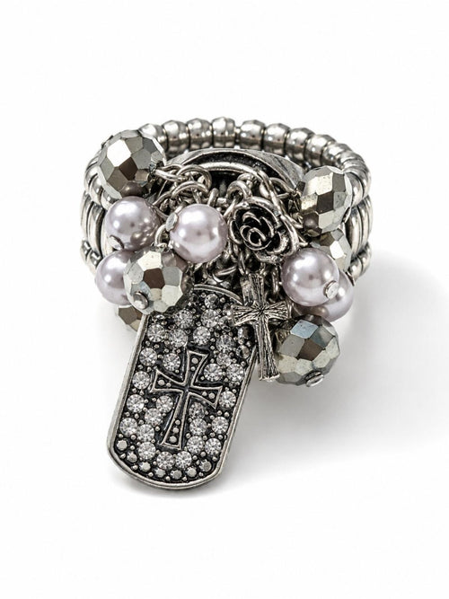 Silver Pearl Rhinestone Cross Charm Stretch Ring Gunmetal Black