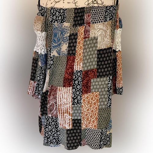 Audrey 3+1 Boho Patchwork Off-Shoulder Tunic Dress – Size Medium