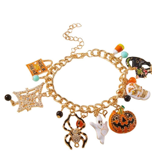 Halloween Charm Bracelet on Gold Chain | Super Cute | Spooky, Ghost, Spider Web