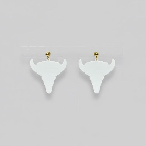 Pink and White Floral Bull Skull with Flowers Roses Resin Earrings