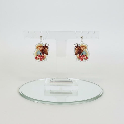 Dolly Parton Cowgirl Horse and Flowers Floral Resin Glitter Drop Earrings