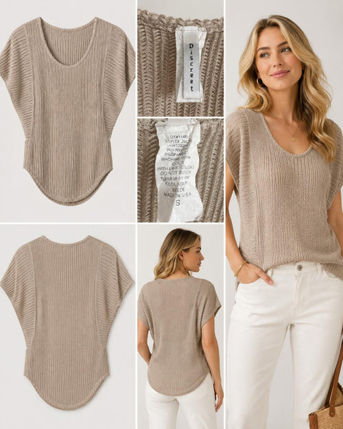Discreet Beige Open-Knit Draped Tunic Top Small • Versatile