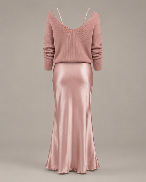 Blush Pink Satin Maxi Dress and Sweater Two-Piece Set