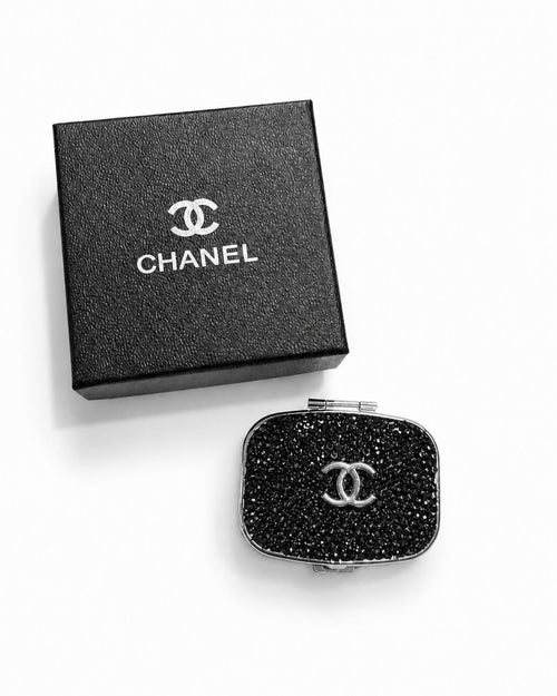 Chanel Black Crystal CC Travel Pill Case Silver Compact with Box