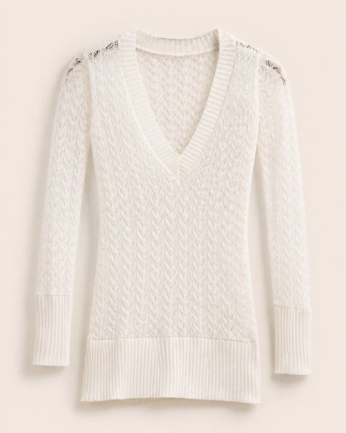 Candie’s White Open Knit V-Neck Sweater Top Size Large Rayon Long Sleeve Tunic