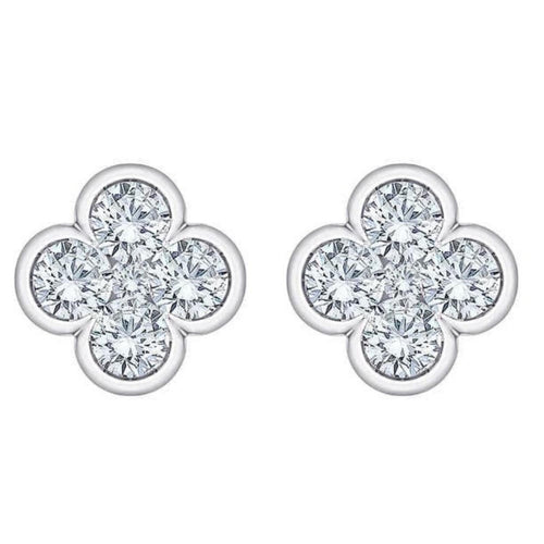 1/2Ct Diamond Bezel Clover Flower Earrings with Flat Back
