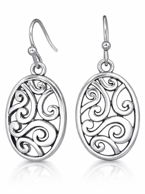 Silver Filigree Oval Dangle Earrings 1.34”