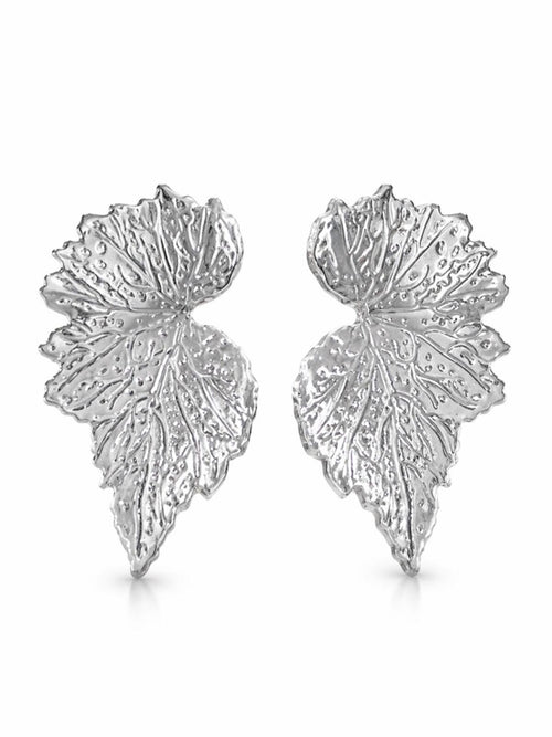 Silver Textured Leaf Statement Stud Earrings Botanical Vein Design