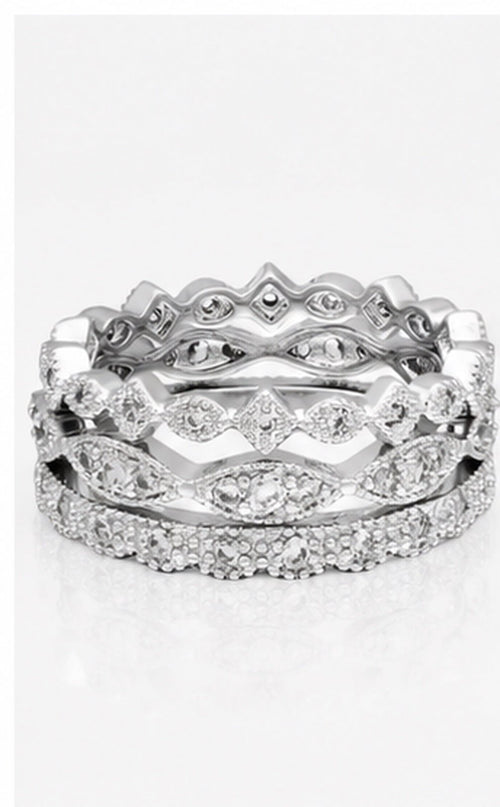 AAA Cubic Zirconia Fine Silver Plate Stackable 3-Ring Set - Sable & Red