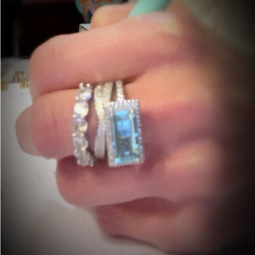 Aquamarine and Diamond 3 Ring Statement Stacked Ring Set - Women Jewelry Size 7