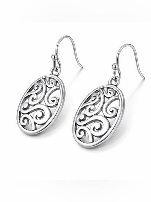 Silver Filigree Oval Dangle Earrings 1.34”