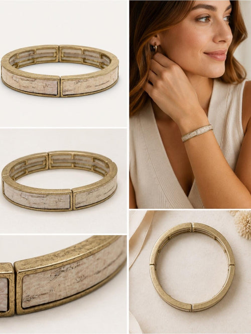 Free People Antique Gold Tone Cream Cork Inlay Stretch Bangle Bracelet