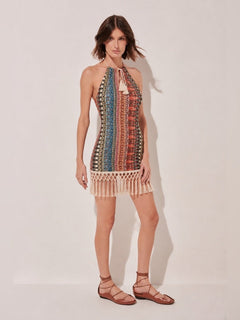 AGUA DE COCO Tropical Mix Boho Halter Top Dress with Macrame Mini Dress - Sable & Red