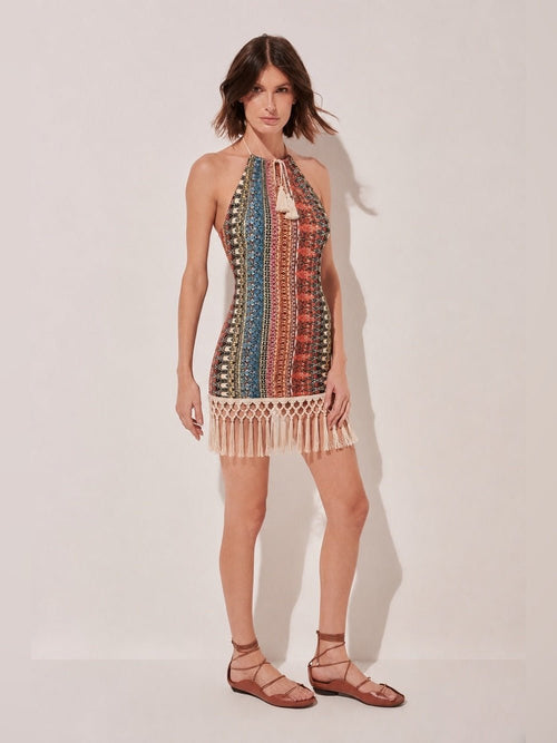 AGUA DE COCO Tropical Mix Boho Halter Top Dress with Macrame Mini Dress - Sable & Red