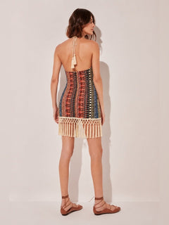 AGUA DE COCO Tropical Mix Boho Halter Top Dress with Macrame Mini Dress - Sable & Red