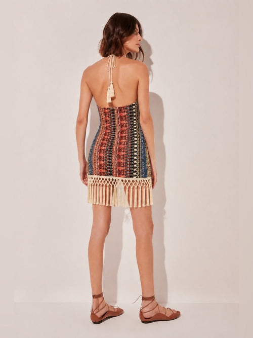 AGUA DE COCO Tropical Mix Boho Halter Top Dress with Macrame Mini Dress - Sable & Red