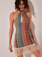 AGUA DE COCO Tropical Mix Boho Halter Top Dress with Macrame Mini Dress - Sable & Red