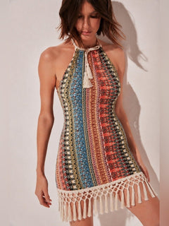 AGUA DE COCO Tropical Mix Boho Halter Top Dress with Macrame Mini Dress - Sable & Red