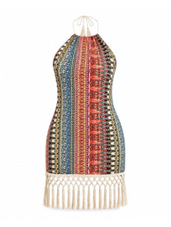 AGUA DE COCO Tropical Mix Boho Halter Top Dress with Macrame Mini Dress - Sable & Red