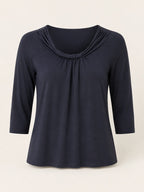 Ann Taylor Navy Gathered Neck 3/4 Sleeve Stretch Top - Sable & Red