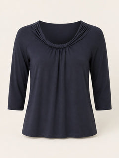 Ann Taylor Navy Gathered Neck 3/4 Sleeve Stretch Top - Sable & Red