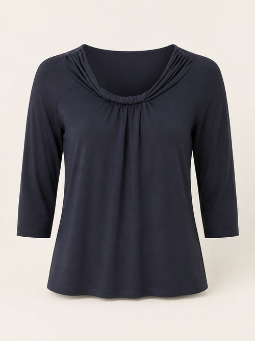 Ann Taylor Navy Gathered Neck 3/4 Sleeve Stretch Top - Sable & Red