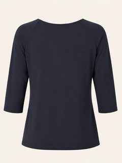 Ann Taylor Navy Gathered Neck 3/4 Sleeve Stretch Top - Sable & Red