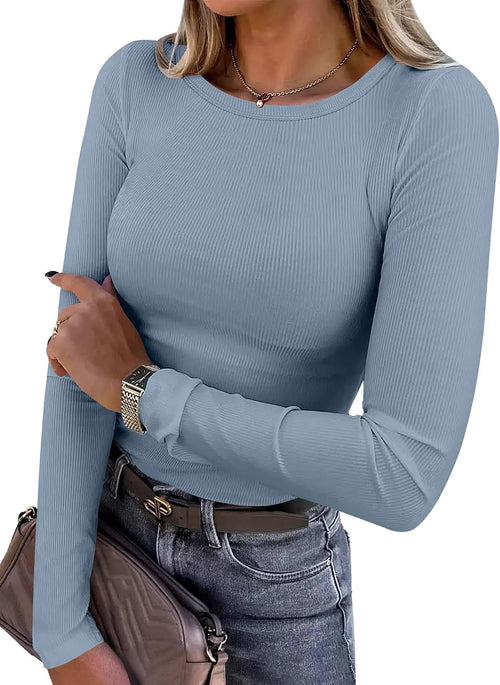 ANRABESS Women Long Sleeve Shirts Ribbed Fitted Tops - Sable & Red