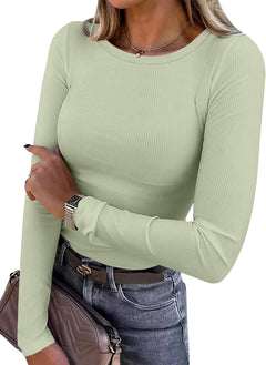 ANRABESS Women Long Sleeve Shirts Ribbed Fitted Tops - Sable & Red