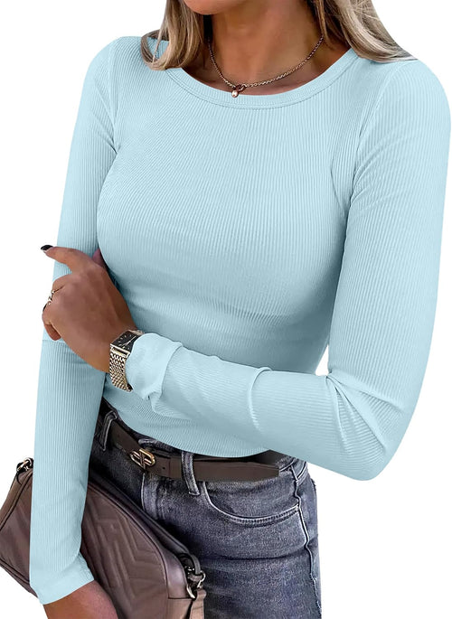 ANRABESS Women Long Sleeve Shirts Ribbed Fitted Tops - Sable & Red
