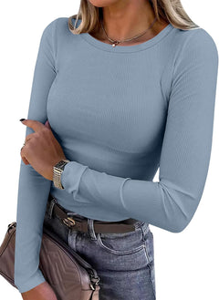 ANRABESS Women Long Sleeve Shirts Ribbed Fitted Tops - Sable & Red