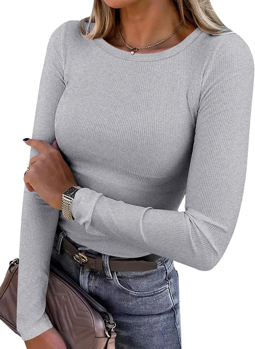 ANRABESS Women Long Sleeve Shirts Ribbed Fitted Tops - Sable & Red