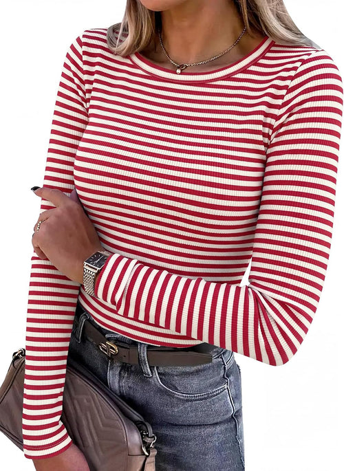 ANRABESS Women Long Sleeve Shirts Ribbed Fitted Tops - Sable & Red